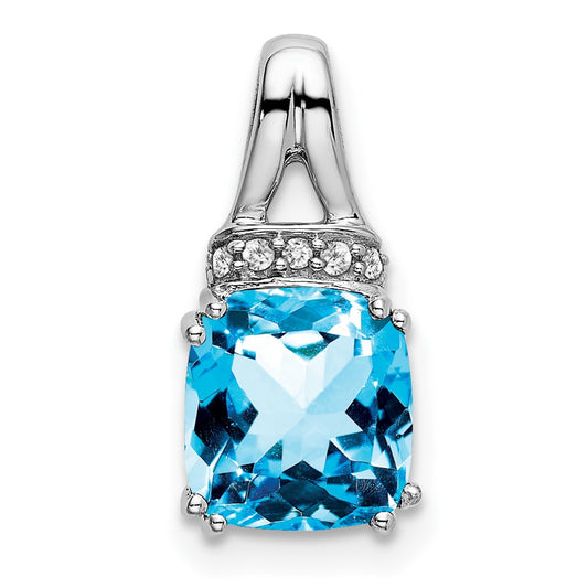 14k White Gold Cushion Blue Topaz and Real Diamond Pendant