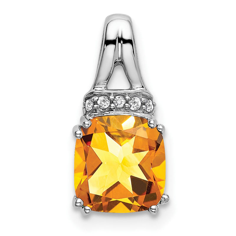 14k White Gold Cushion Citrine and Real Diamond Pendant
