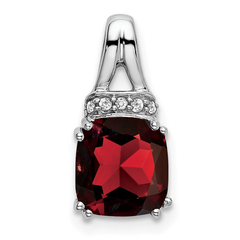 14k White Gold Cushion Garnet and Real Diamond Pendant