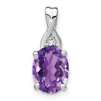 14k White Gold Oval Amethyst and Real Diamond Pendant