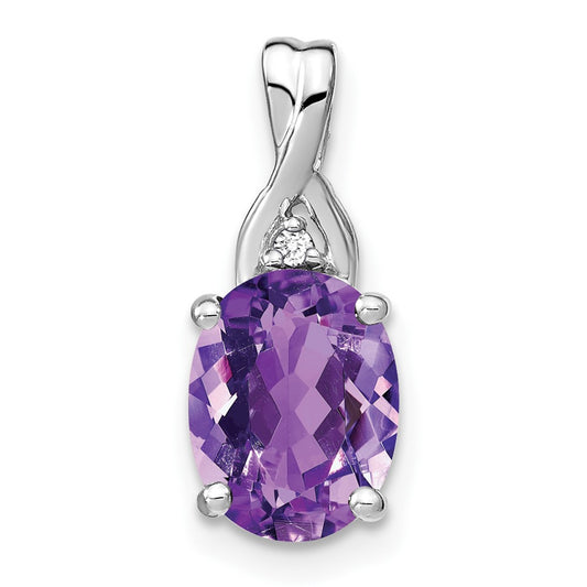 14k White Gold Oval Amethyst and Real Diamond Pendant