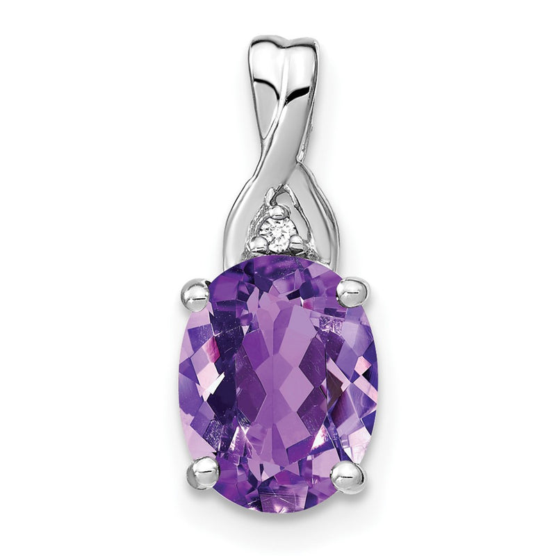 14k White Gold Oval Amethyst and Real Diamond Pendant