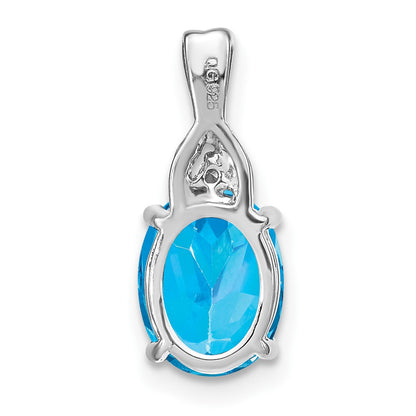 14k White Gold Oval Blue Topaz and Real Diamond Pendant