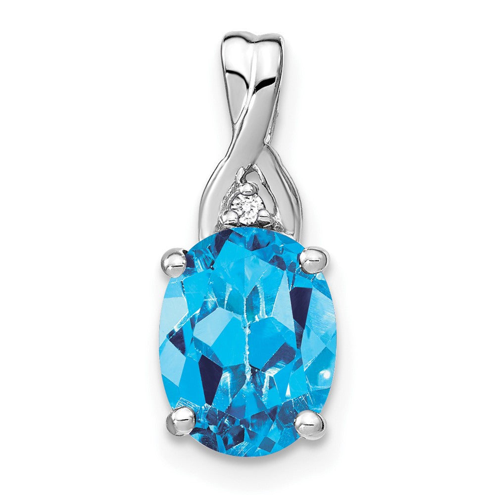14k White Gold Oval Blue Topaz and Real Diamond Pendant