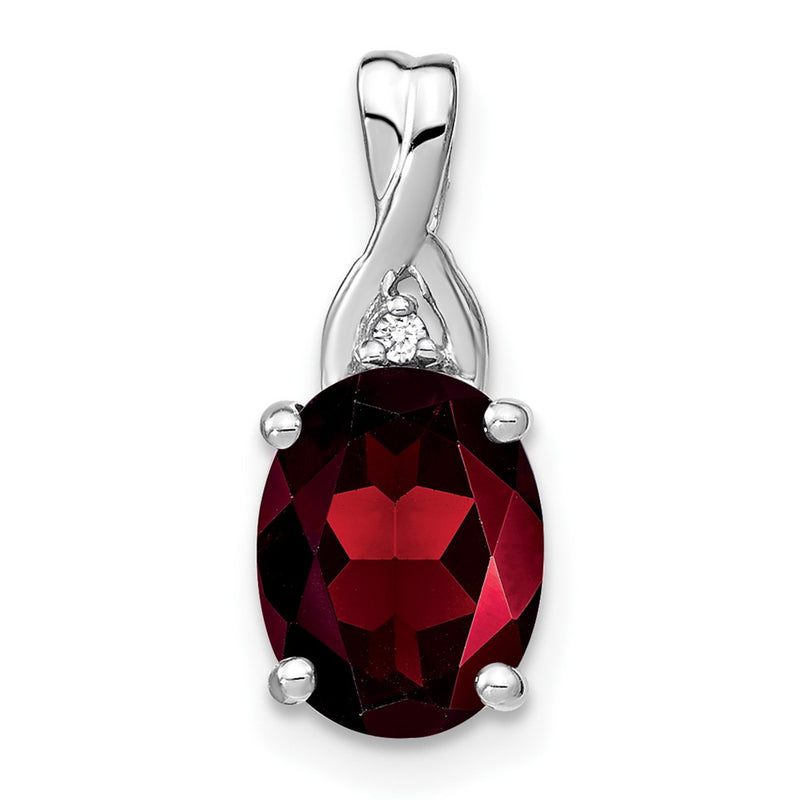 14k White Gold Oval Garnet and Real Diamond Pendant