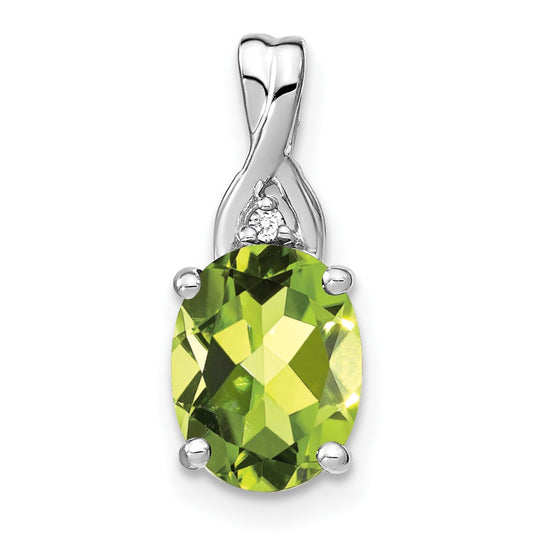 14k White Gold Oval Peridot and Real Diamond Pendant