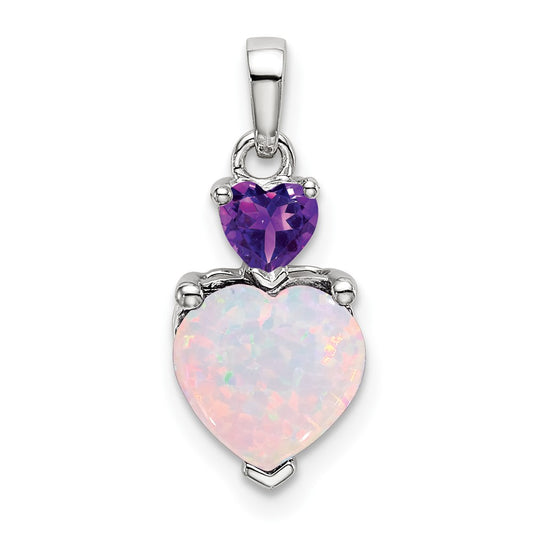14k White Gold Heart Created Opal and Amethyst Pendant
