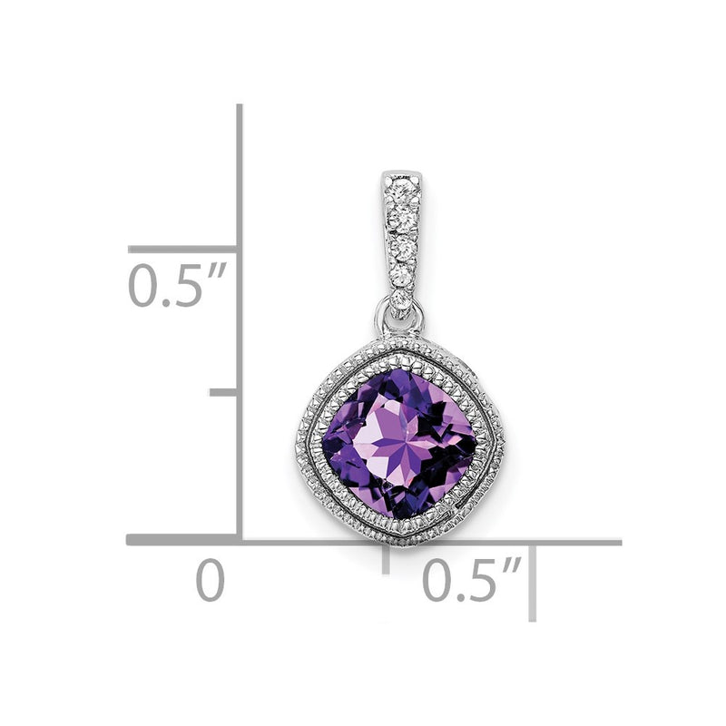 14K White Gold Cushion Amethyst and Real Diamond Pendant