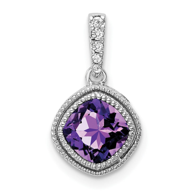 14K White Gold Cushion Amethyst and Real Diamond Pendant