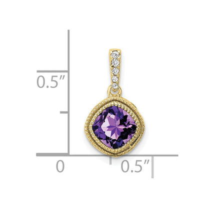 10K Yellow Gold Cushion Amethyst and Real Diamond Pendant