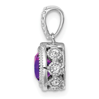 14k White Gold Cushion Amethyst and Real Diamond Pendant