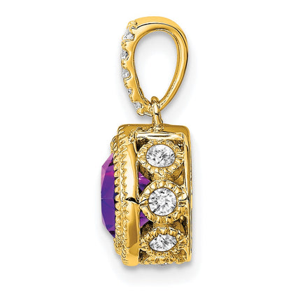 14K Yellow Gold Cushion Amethyst and Real Diamond Pendant