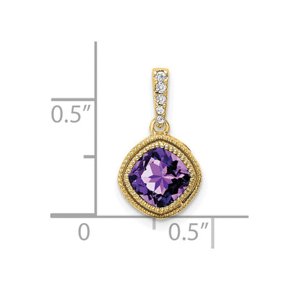 14K Yellow Gold Cushion Amethyst and Real Diamond Pendant