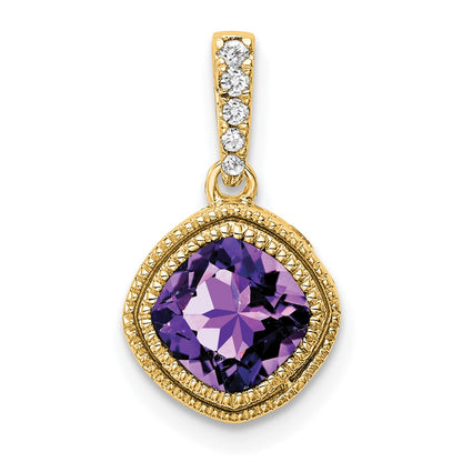 14K Yellow Gold Cushion Amethyst and Real Diamond Pendant