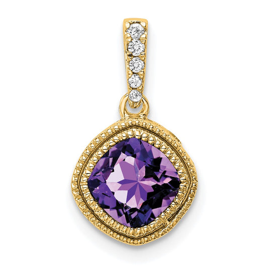 14K Yellow Gold Cushion Amethyst and Real Diamond Pendant