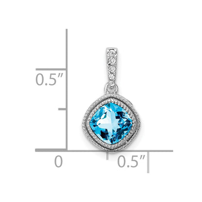 14K White Gold Cushion Blue Topaz and Real Diamond Pendant