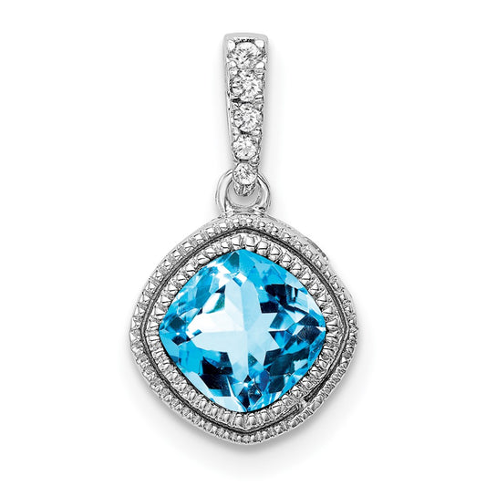 14K White Gold Cushion Blue Topaz and Real Diamond Pendant