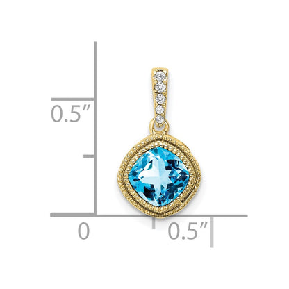 10K Yellow Gold Cushion Blue Topaz and Real Diamond Pendant