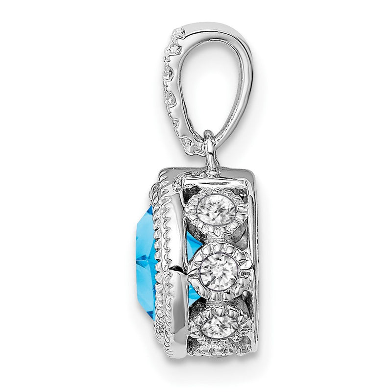 14k White Gold Cushion Blue Topaz and Real Diamond Pendant