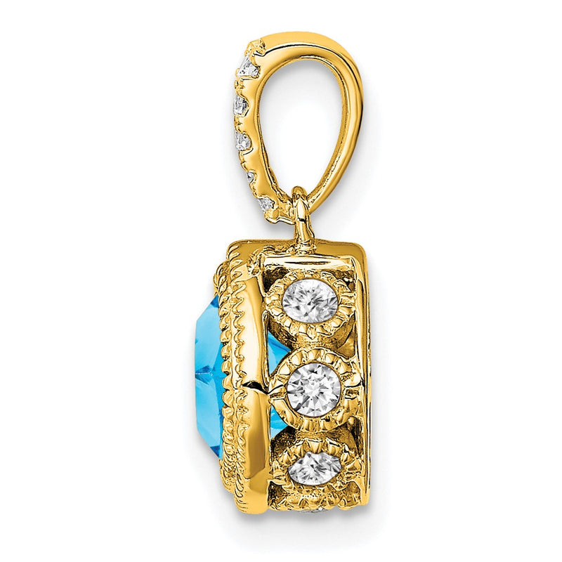 14K Yellow Gold Cushion Blue Topaz and Real Diamond Pendant