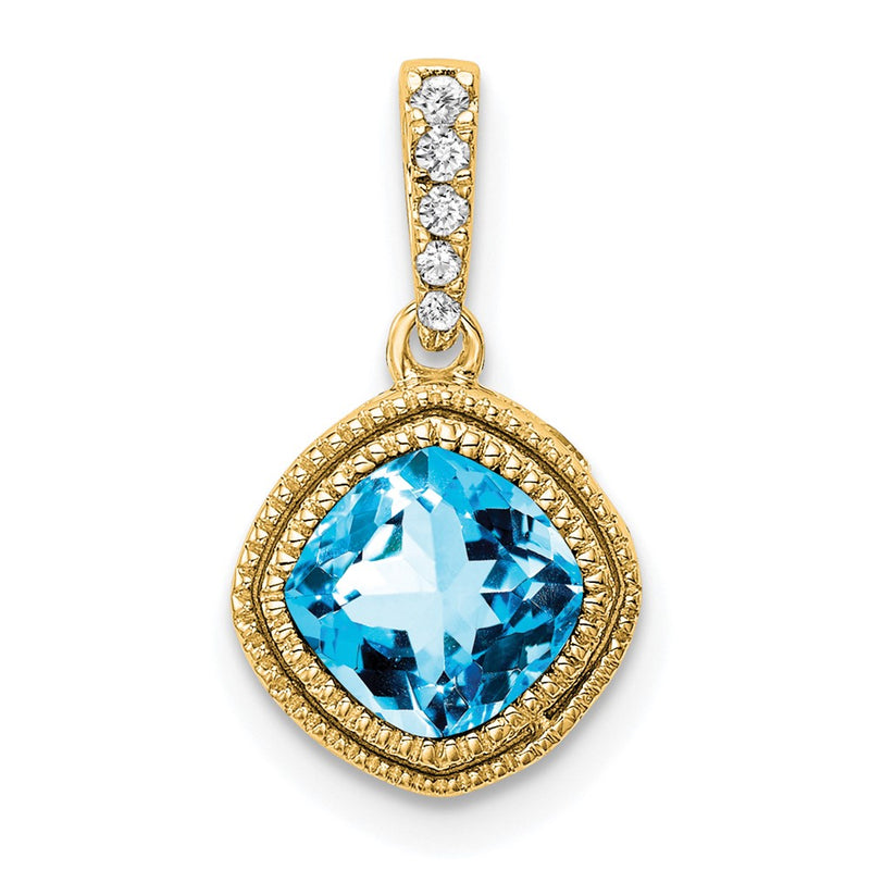14K Yellow Gold Cushion Blue Topaz and Real Diamond Pendant