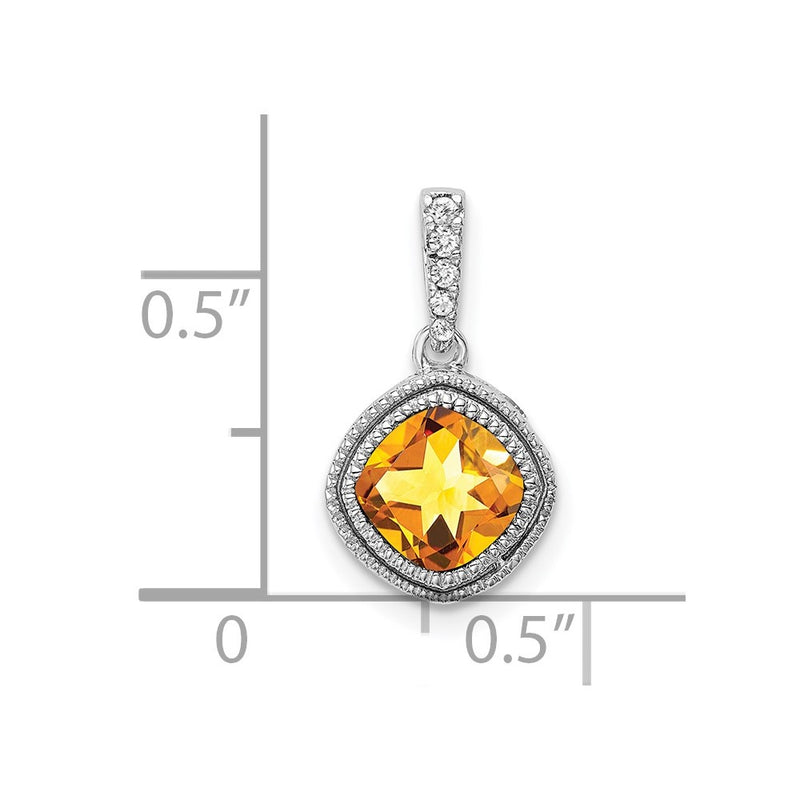 14K White Gold Cushion Citrine and Real Diamond Pendant