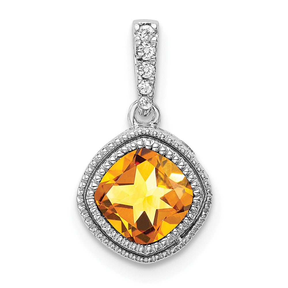 14K White Gold Cushion Citrine and Real Diamond Pendant
