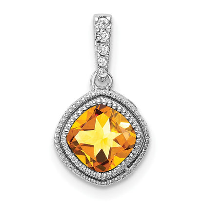 14k White Gold Cushion Citrine and Real Diamond Pendant