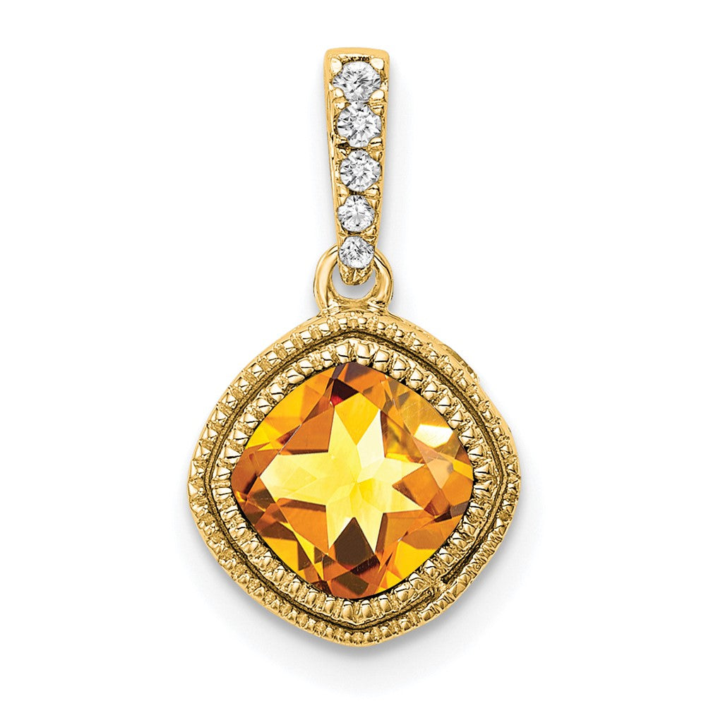 14K Yellow Gold Cushion Citrine and Real Diamond Pendant