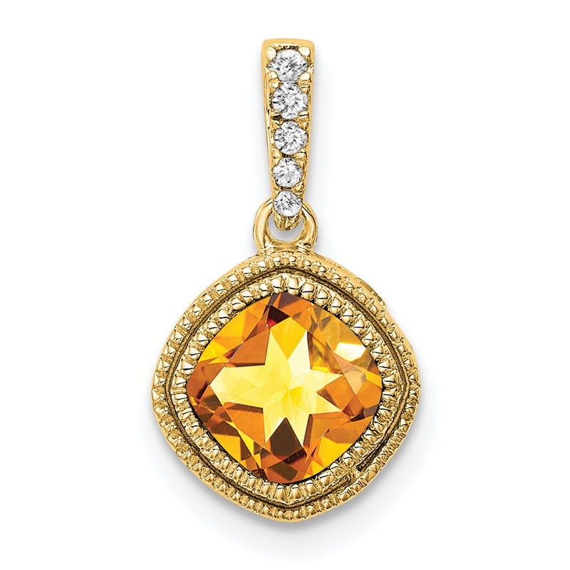 14K Yellow Gold Cushion Citrine and Real Diamond Pendant