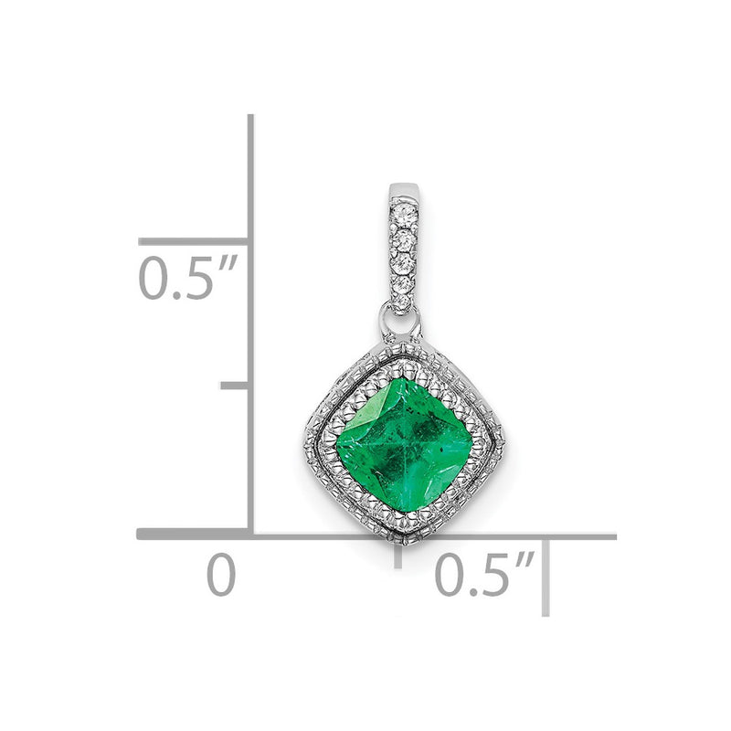 14K White Gold Cushion Emerald and Real Diamond Pendant