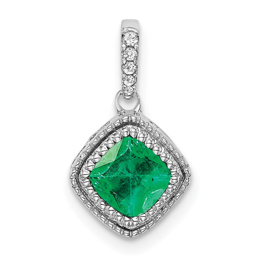 14K White Gold Cushion Emerald and Real Diamond Pendant