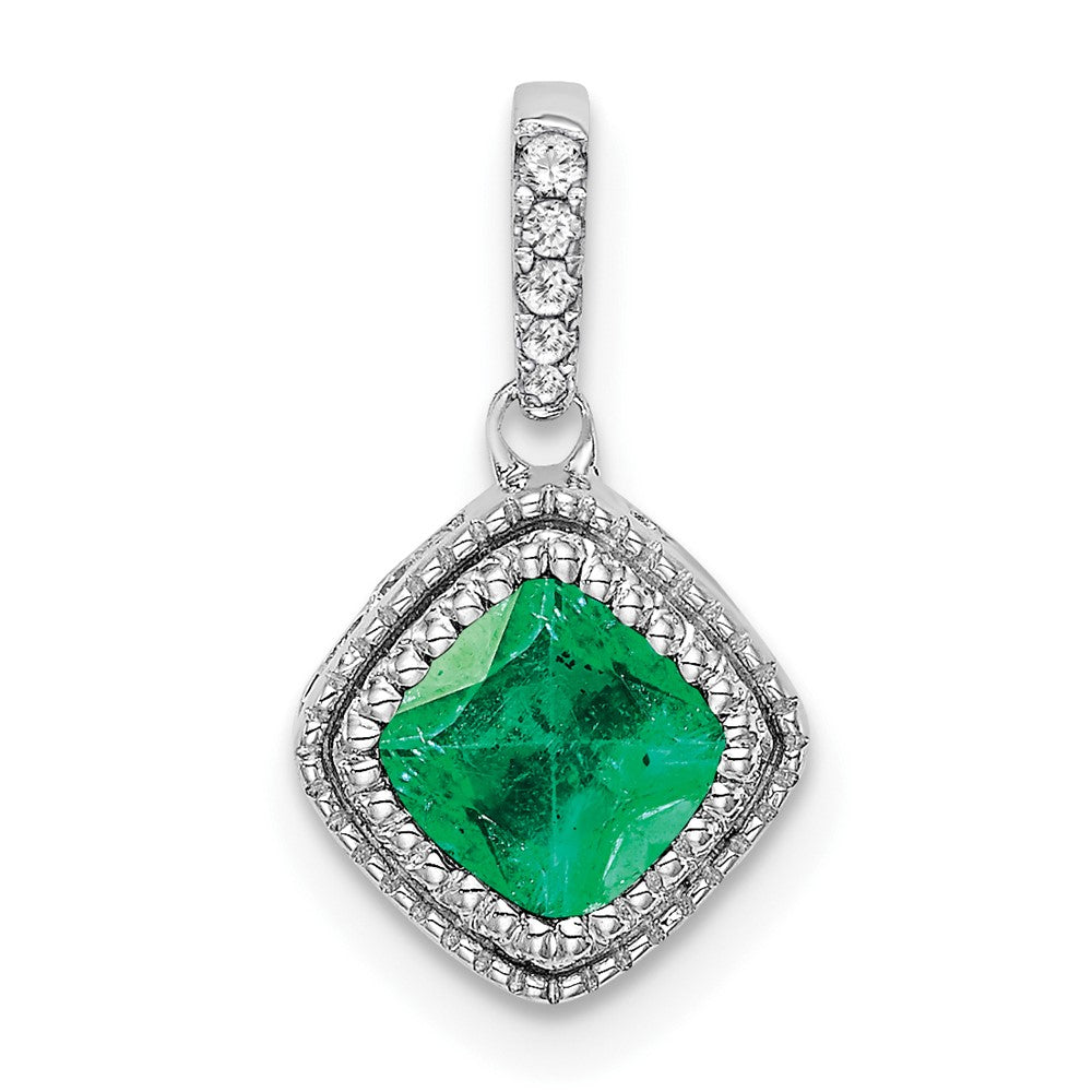 14K White Gold Cushion Emerald and Real Diamond Pendant