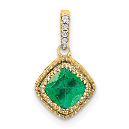 10K Yellow Gold Cushion Emerald and Real Diamond Pendant