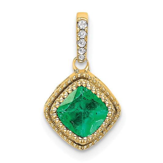 10K Yellow Gold Cushion Emerald and Real Diamond Pendant