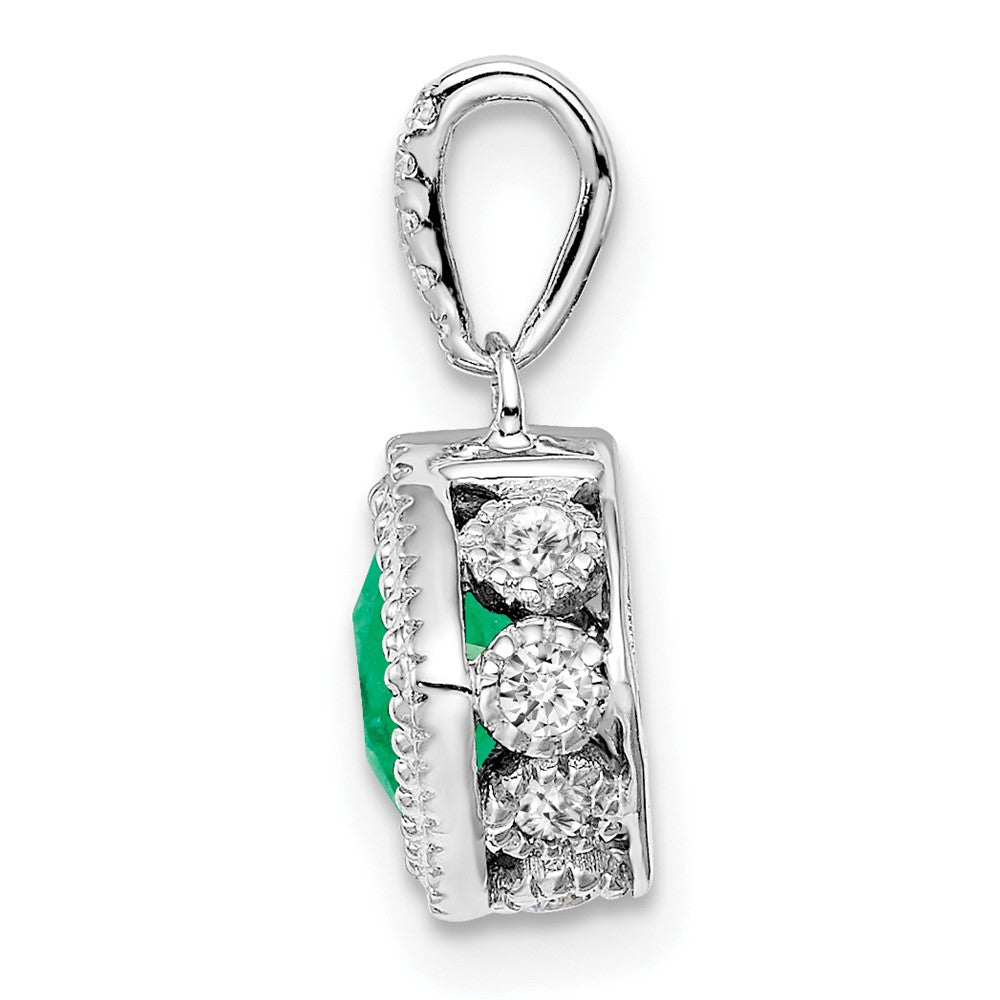 14k White Gold Cushion Emerald and Real Diamond Pendant