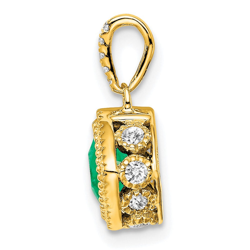 14K Yellow Gold Cushion Emerald and Real Diamond Pendant