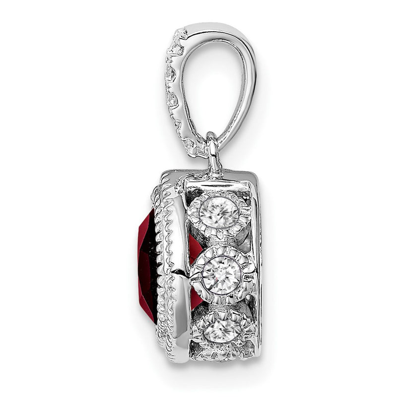 14k White Gold Cushion Garnet and Real Diamond Pendant