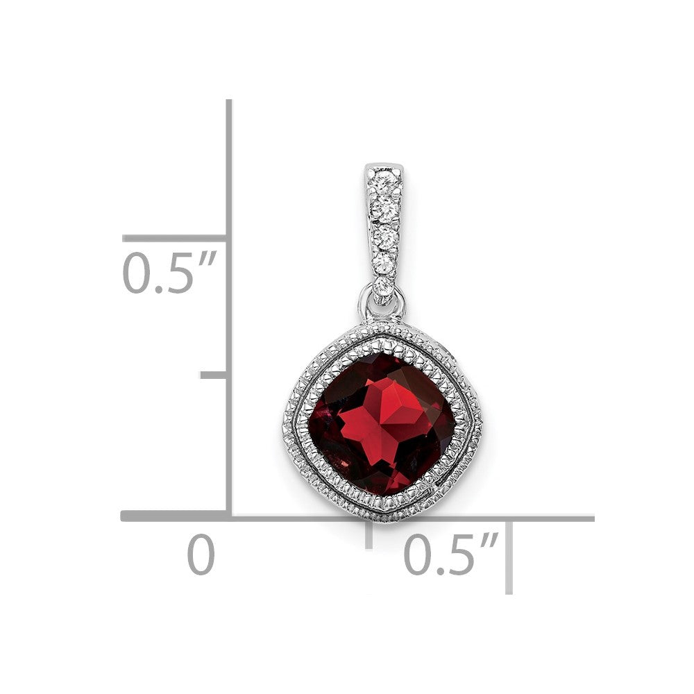 14k White Gold Cushion Garnet and Real Diamond Pendant