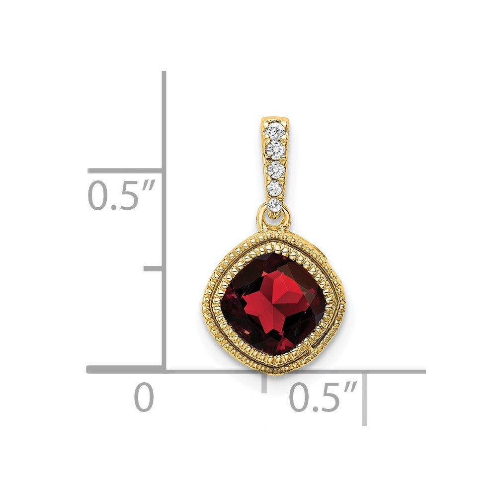 14K Yellow Gold Cushion Garnet and Real Diamond Pendant