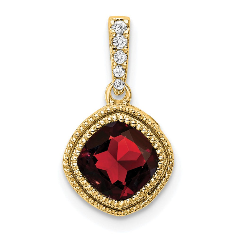 14K Yellow Gold Cushion Garnet and Real Diamond Pendant