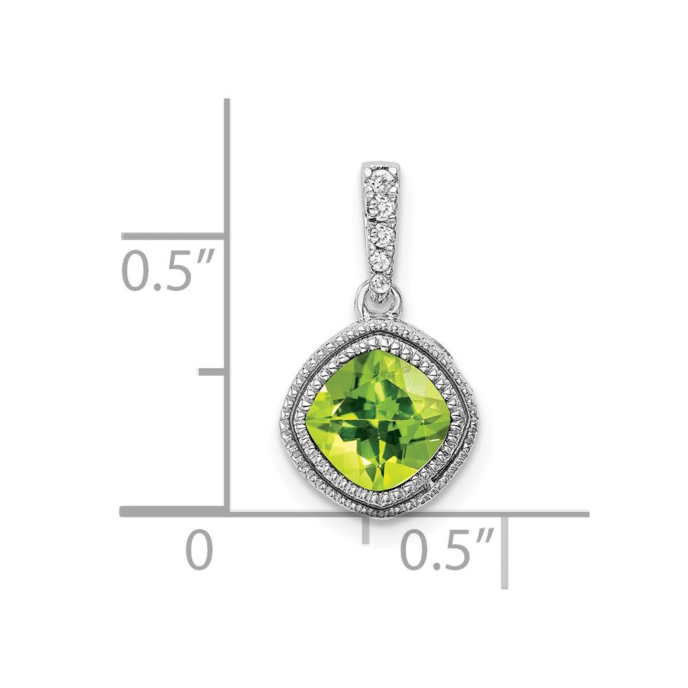 14K White Gold Cushion Peridot and Real Diamond Pendant