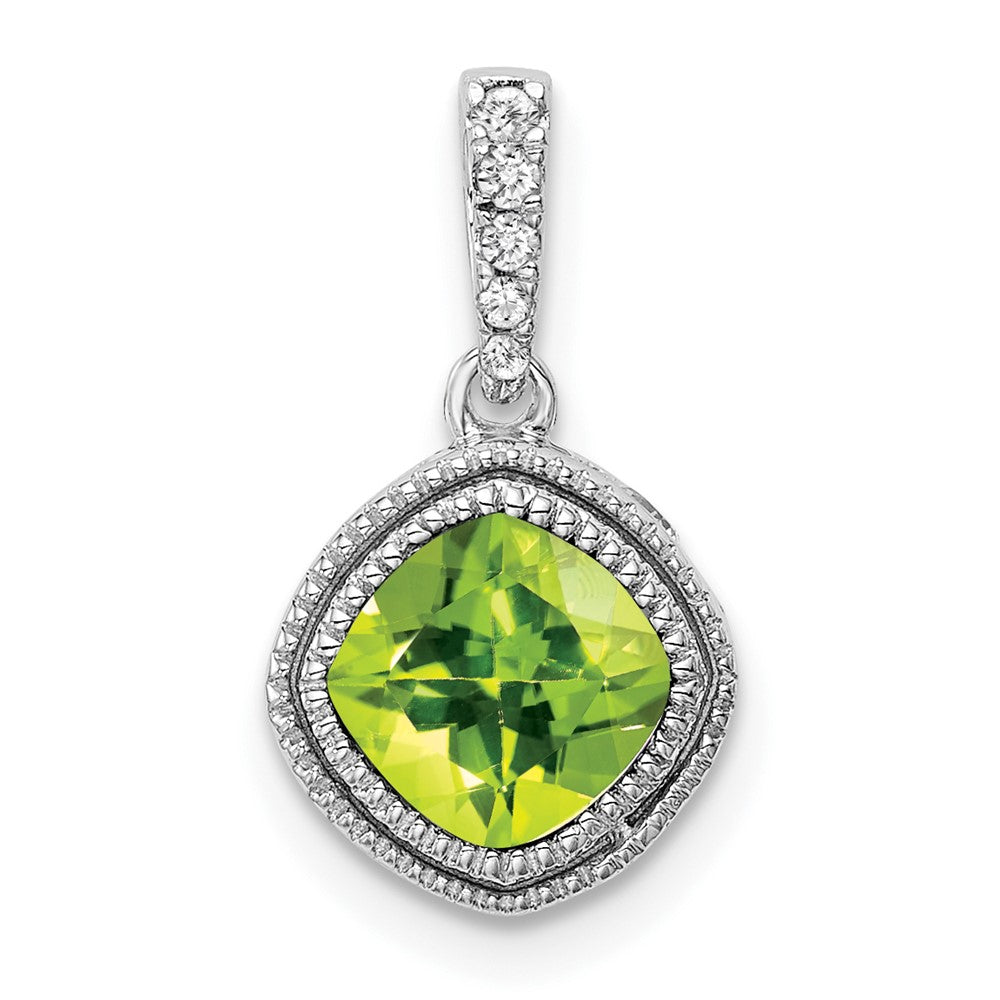 14K White Gold Cushion Peridot and Real Diamond Pendant