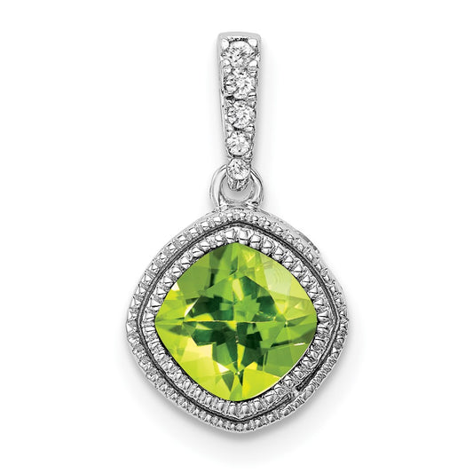 14k White Gold Cushion Peridot and Real Diamond Pendant