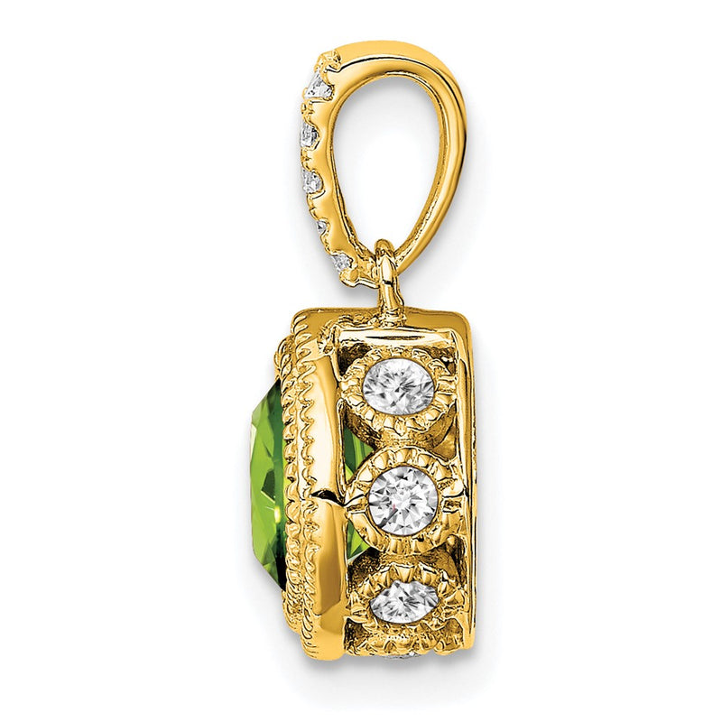 14K Yellow Gold Cushion Peridot and Real Diamond Pendant