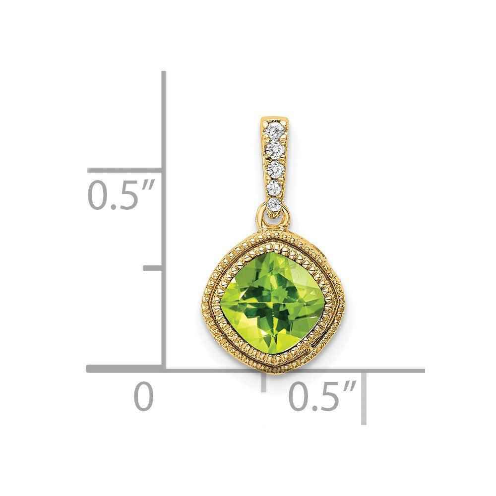 14K Yellow Gold Cushion Peridot and Real Diamond Pendant