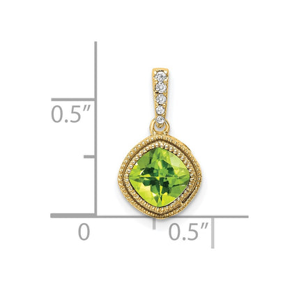 14K Yellow Gold Cushion Peridot and Real Diamond Pendant