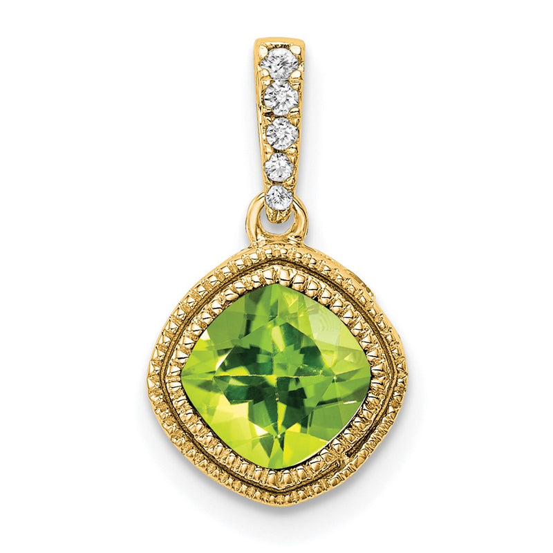 14K Yellow Gold Cushion Peridot and Real Diamond Pendant
