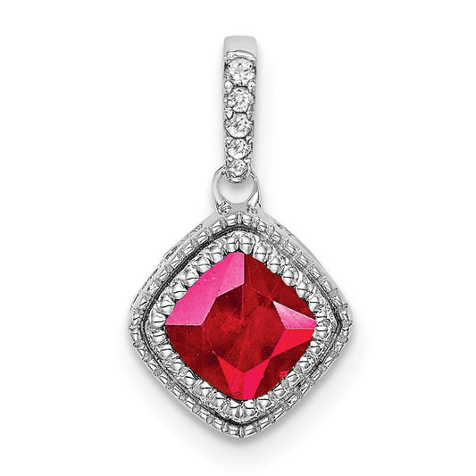 14K White Gold Cushion Ruby and Real Diamond Pendant