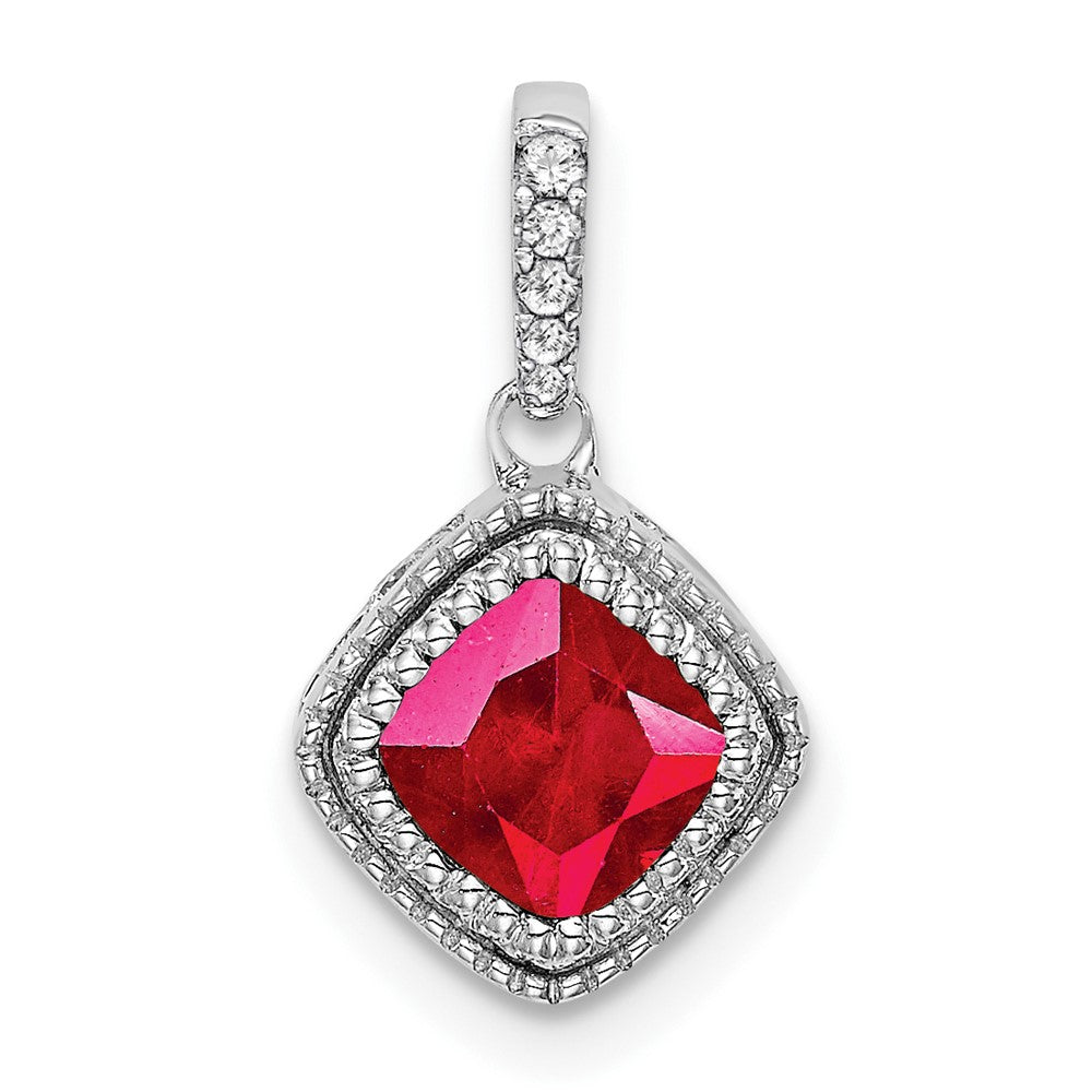 14k White Gold Cushion Ruby and Real Diamond Pendant